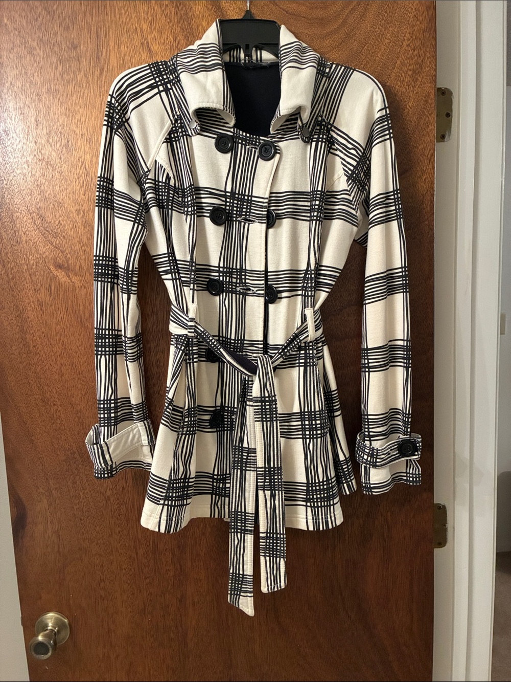 jcpenney Cream and Black Plaid Double-Breasted Trench Coat